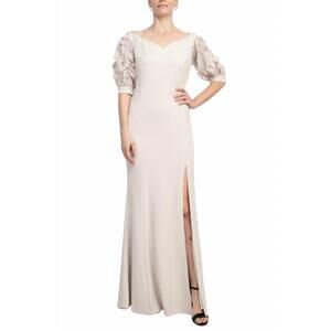 NEW ALBERTO MAKALI embellished lace sleeve mermaid slit side gown in taupe